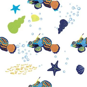 Mandarin fish seamless patterns. beautiful character among seashells, seaweed Stock Illustration