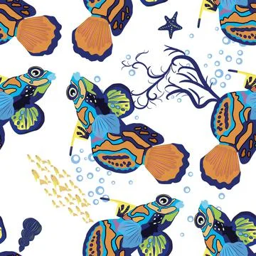 Mandarin fish seamless patterns. beautiful character among seashells, seaweed Stock Illustration