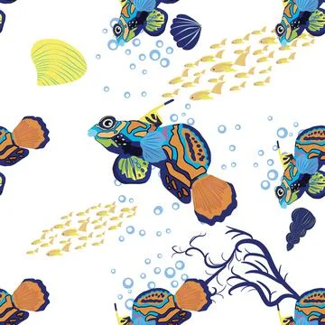 Mandarin fish seamless patterns. beautiful character among seashells, seaweed Stock Illustration
