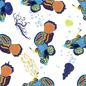 Mandarin fish seamless patterns. beautiful character among seashells, seaweed Stock Illustration