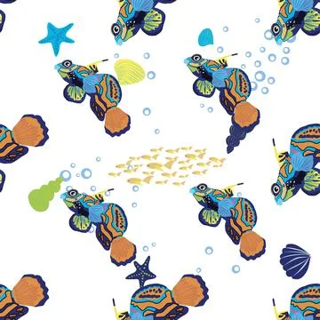Mandarin fish seamless patterns. beautiful character among seashells, seaweed Stock Illustration