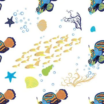 Mandarin fish seamless patterns. beautiful character among seashells, seaweed Stock Illustration