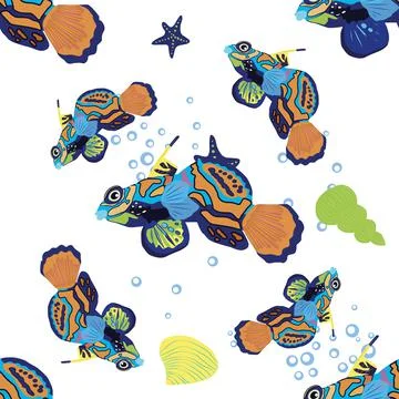 Mandarin fish seamless patterns. beautiful character among seashells, seaweed Stock Illustration