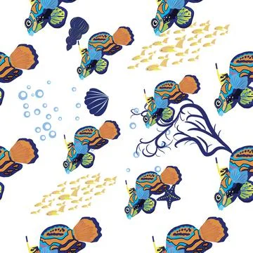 Mandarin fish seamless patterns. beautiful character among seashells, seaweed Stock Illustration