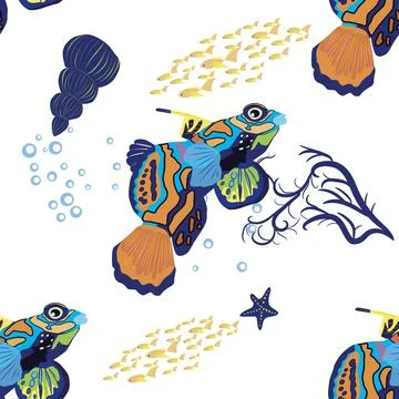 Mandarin fish seamless patterns. beautiful character among seashells, seaweed Stock Illustration