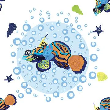 Mandarin fish seamless patterns. beautiful character among seashells, seaweed 스톡 일러스트