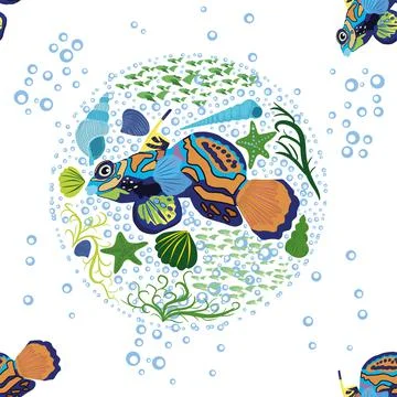 Mandarin fish seamless patterns. beautiful character among seashells, seaweed 스톡 일러스트
