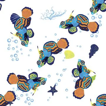 Mandarin fish seamless patterns. beautiful character among seashells, seaweed Illustrazione stock