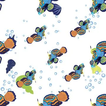 Mandarin fish seamless patterns. beautiful character among seashells, seaweed Stock Illustration