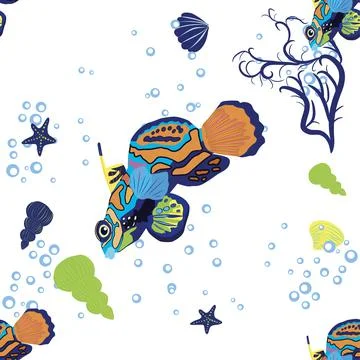 Mandarin fish seamless patterns. beautiful character among seashells, seaweed Stock Illustration