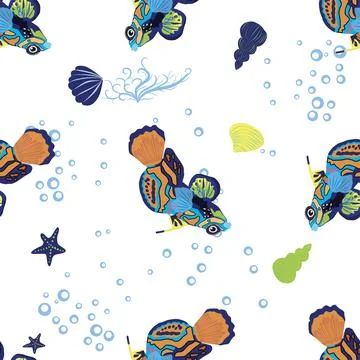Mandarin fish seamless patterns. beautiful character among seashells, seaweed Stock Illustration