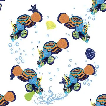 Mandarin fish seamless patterns. beautiful character among seashells, seaweed イラスト素材