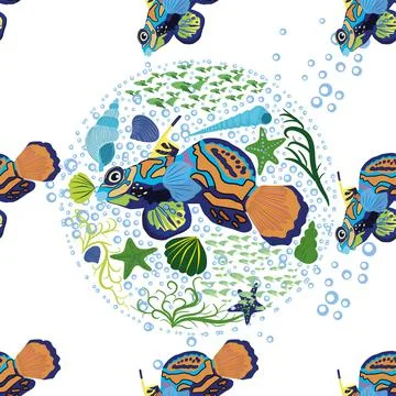 Mandarin fish seamless patterns. beautiful character among seashells, seaweed Stock Illustration