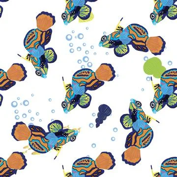 Mandarin fish seamless patterns. beautiful character among seashells, seaweed Stock Illustration