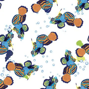 Mandarin fish seamless patterns. beautiful character among seashells, seaweed 스톡 일러스트