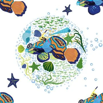 Mandarin fish seamless patterns. beautiful character among seashells, seaweed Stock Illustration