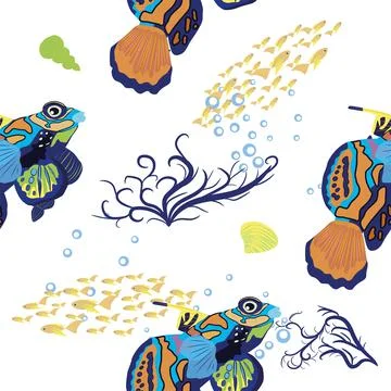 Mandarin fish seamless patterns. beautiful character among seashells, seaweed Stock Illustration