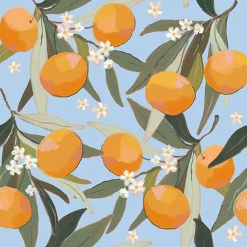 Mandarin floral pattern. Hand drawn tree branches with ripe tangerins, leaves 库存插图