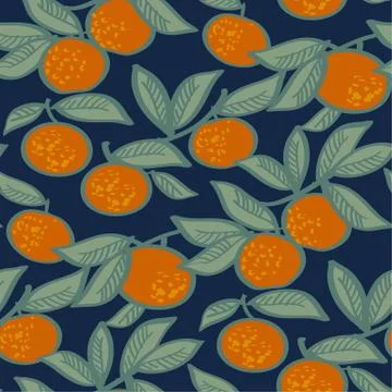 Mandarin fruit on night blue background seamless pattern Stock Illustration