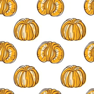 Mandarin fruit seamless pattern in flat line art. Christmas background. Citrus Stock Illustration