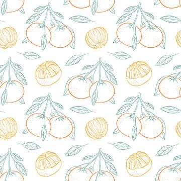 Mandarin oranges with leaves in seamless pattern. Citrus fruit and fresh produce Stock Illustration