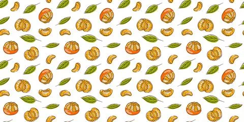 Mandarin oranges in a repeating seamless pattern. Christmas fruit background Stock Illustration