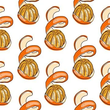 Mandarin oranges in a seamless Christmas pattern. Flat line art fruit Stock Illustration