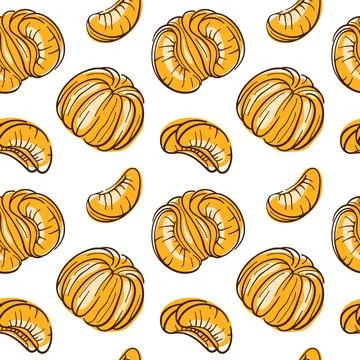 Mandarin oranges in seamless repeating pattern. Flat line art citrus Stock Illustration