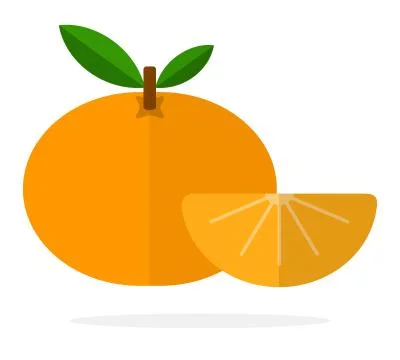 Mandarin with a stem and a leaf and a slice of mandarin flat isolated Stock Illustration