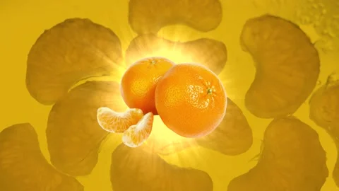 Mandarin on a yellow background. Rays of light. Stock Footage 217994416