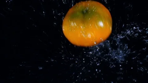 Mandarines falling on wet black background and splashing in extreme slow motion Stock Footage