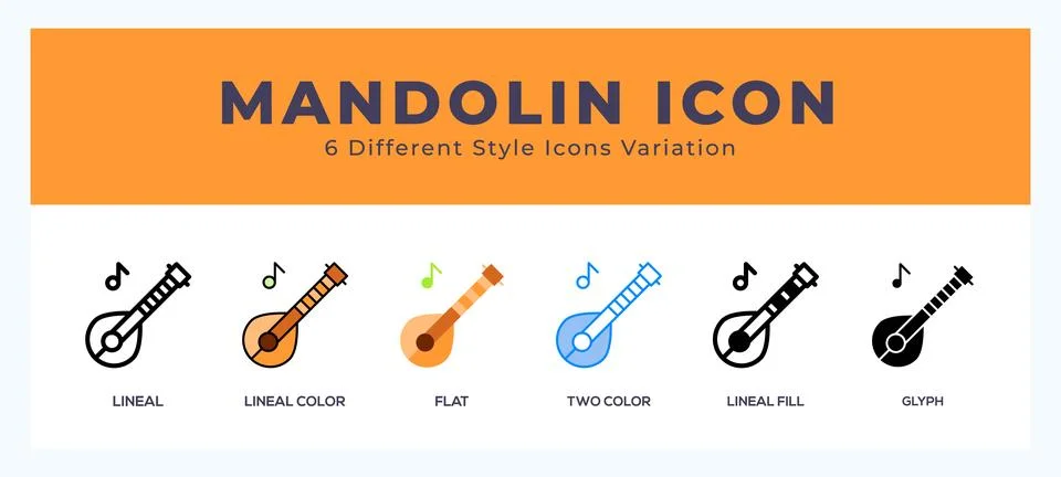 Mandolin icon set with different styles. Design elements for logo. Vector i.. Illustrazione stock