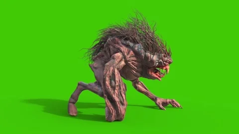 Mane Monster Long Fangs Look Around Green Screen Side 3D Rendering Animation Stock Footage
