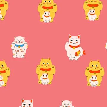 Maneki neko cat pattern, baby cartoon design. Stock Illustration