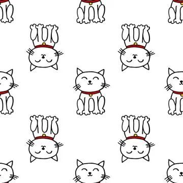 Maneki neko seamless doodle pattern, vector illustration Stock Illustration