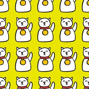 Maneki neko seamless doodle pattern, vector color illustration Stock Illustration