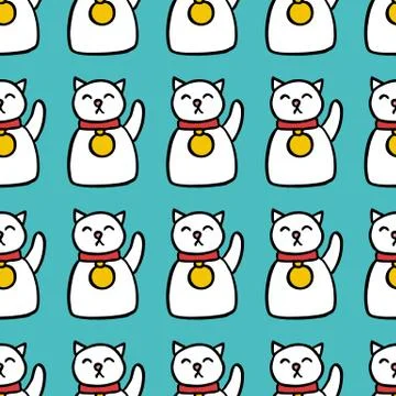 Maneki neko seamless doodle pattern, vector color illustration Stock Illustration