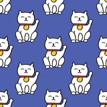 Maneki neko seamless doodle pattern, vector color illustration Stock Illustration