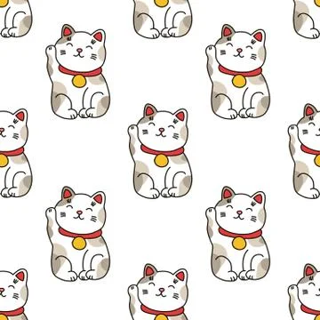 Maneki neko seamless doodle pattern, vector hand draw illustration Stock Illustration