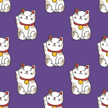 Maneki neko seamless doodle pattern, vector hand draw illustration Stock Illustration