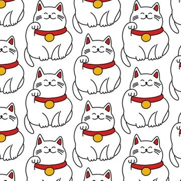 Maneki neko seamless doodle pattern, vector color illustration Stock Illustration