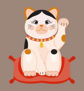 Maneki neko vector isolated on brown background. Lucky cat in japanese tradit Stock Illustration