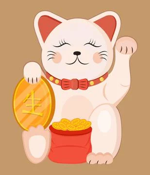 Maneki neko vector isolated on brown background. Lucky cat in japanese tradit Illustrazione stock