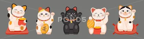 Set of different Japanese lucky cat maneki neko vector illustration.  Isolated on background. Cartoon flat vector illustration Stock Vector