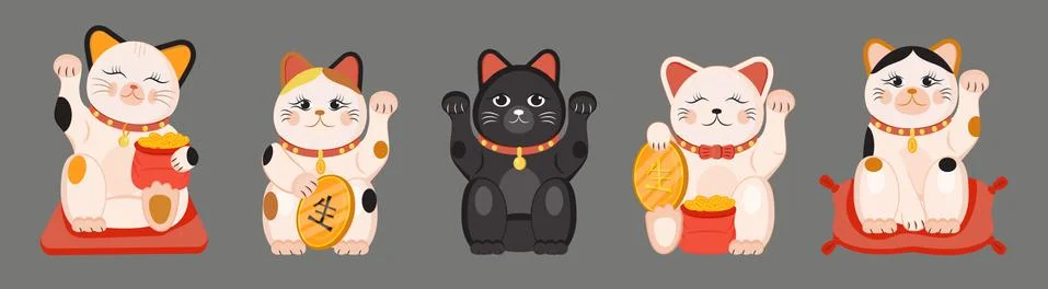 Maneki neko vector set isolated on brown background. Lucky cat in japanese tr Stock Illustration