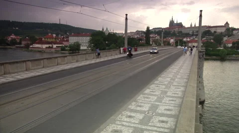 Manesuv most/Manes bridge over river Vltava, Prague, Czech Republic, traffic Stock Footage 48990589