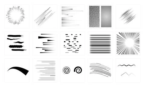 Manga speed lines and comic halftone textures set in black ink on isolated .. Stock Illustration