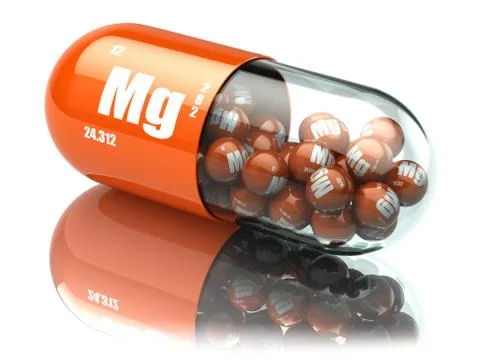 Manganese magnesium Mg element pill. Dietary supplements. Vitamin capsules. Illustrazione stock