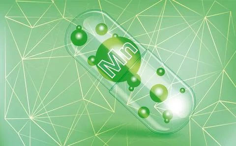 Manganese, Mn, vitamin inside a translucent capsule, trace element, on a gr.. Stock Illustration