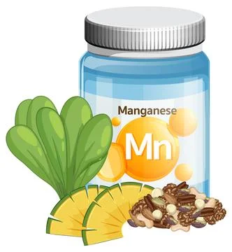 Manganese Supplement Bottle with Spinach, Pineapple, and Nuts Stock Illustration